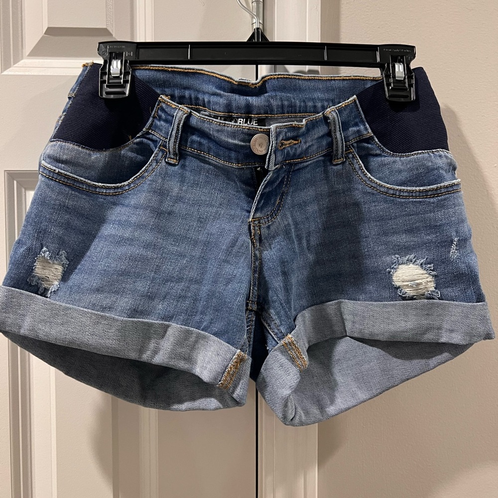 Maternity Blue Distressed Jean Shorts